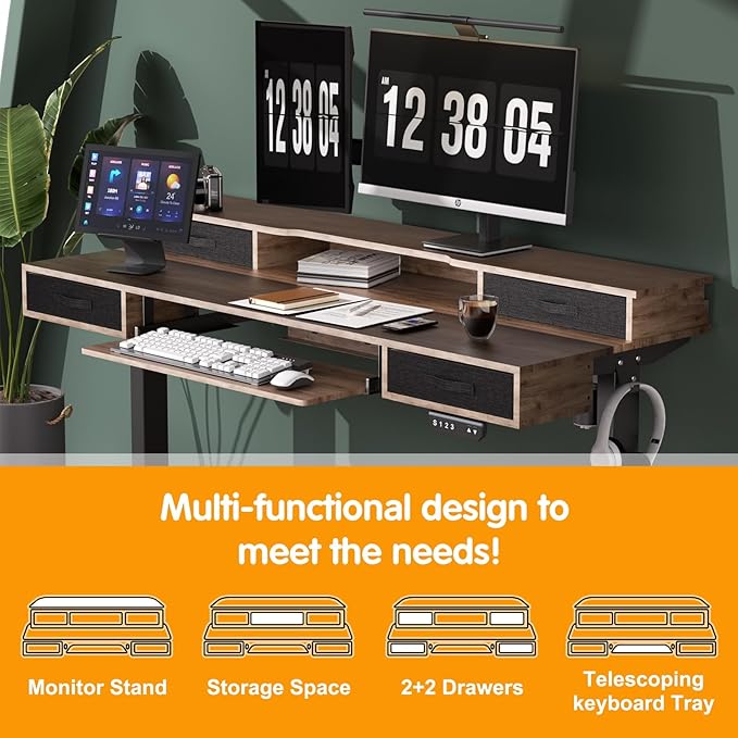 Electric Standing Desk, Multifunctional Standing Desk Adjustable Height, 55 * 24 Standing Desk with 4 Drawers, Ergonomic Adjustable Standing Desk with Keyboard Tray, Rustic Brown - LeafyLoom