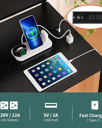 Yoobure Computer Desk with Power Outlets Fast Charging Type-C Included, Gaming Desk with LED Lights, 47" Office Desk with Adjustable Monitor Stand, Small Desk Home Office Desks with Storage Bag & Hook - LeafyLoom