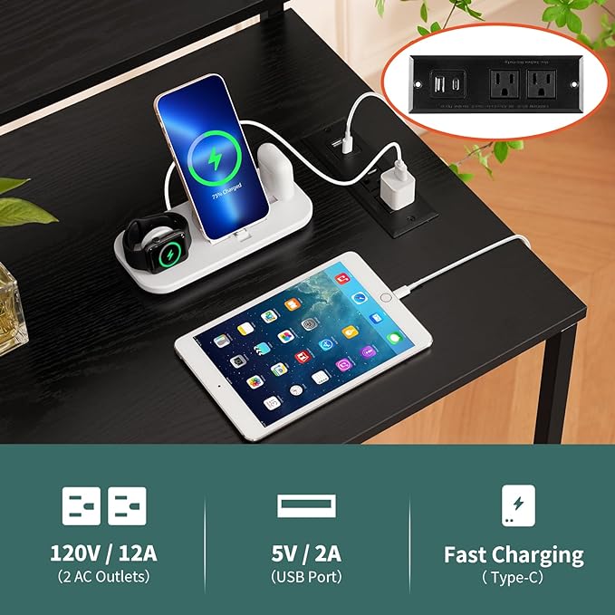 Yoobure Computer Desk with Power Outlets Fast Charging Type-C Included, Gaming Desk with LED Lights, 47" Office Desk with Adjustable Monitor Stand, Small Desk Home Office Desks with Storage Bag & Hook - LeafyLoom