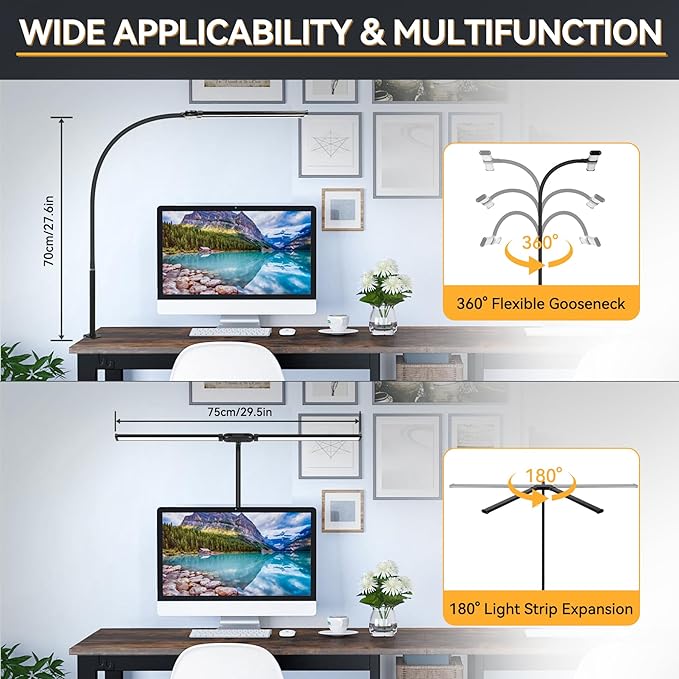 CANMEIJIA LED Desk Lamp for Home Office - Upgrade Dual Head Architect Task Lamps with Clamp & Adatper, 50 Lighting Modes Monitor Light Bar, Adjustable Gooseneck Desk Light for Work Drafting Study - LeafyLoom
