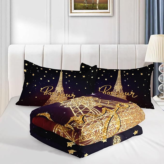 Datura home Kids Comforter Set Eiffel Tower Printed Pattern Bedding Set with 1 Comforter and 2 Pillowcases for Girls Boys Bedroom All Season(Tower Twin) - LeafyLoom