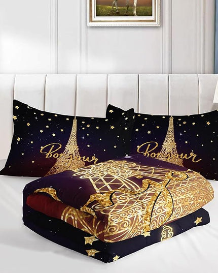 Datura home Kids Comforter Set Eiffel Tower Printed Pattern Bedding Set with 1 Comforter and 2 Pillowcases for Girls Boys Bedroom All Season(Tower Full) - LeafyLoom