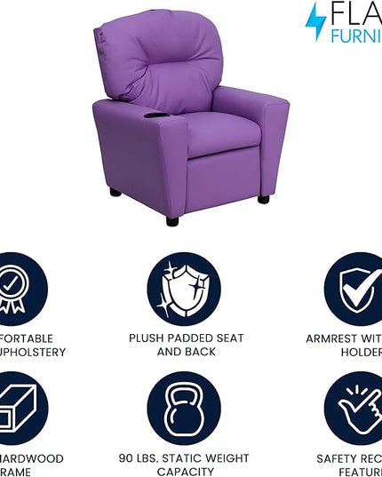 Flash Furniture Chandler Vinyl Kids Recliner with Cup Holder and Safety Recline, Contemporary Reclining Chair for Kids, Supports up to 90 lbs., Lavender - LeafyLoom
