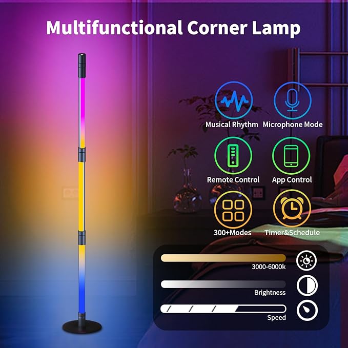 BRIMAX RGBWIC Corner Floor Lamp, DIY Detachable LED Floor Lamp with Spotlight, Smart Corner Lamp with 16 Million DIY Colors&Music Sync, App&Remote Control for Living Room Bedroom Study Room Christmas - LeafyLoom