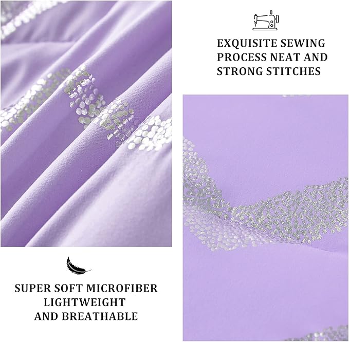 Purple/Silver Comforter Set Queen, Lavender Metallic Print Glitter Bedding Set Cute Shinny Lilac Bed Sets for Teen Girls Kids Women, 4 Piece (2 Pillowcases, 1 Decorative Pillow Sham) - LeafyLoom