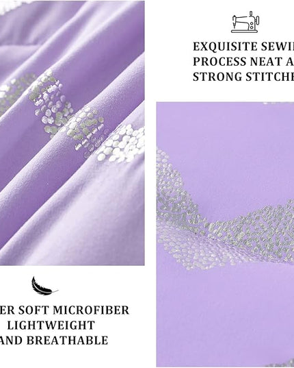 Purple/Silver Comforter Set King, Lavender Metallic Print Glitter Bedding Set Cute Shinny Lilac Bed Sets for Teen Girls Kids Women, 4 Piece (2 Pillowcases, 1 Decorative Pillow Sham) - LeafyLoom