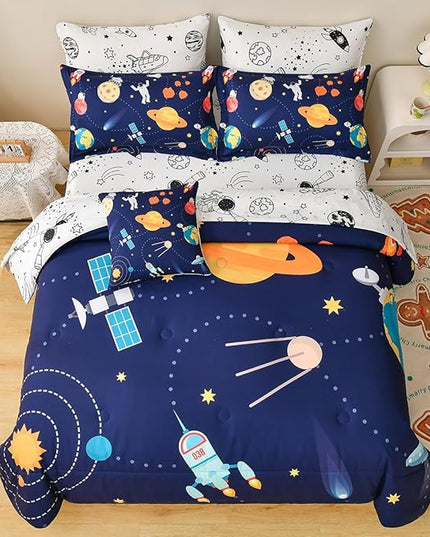 8 Piece Kid Comforter Set Twin Size Bed in a Bag, Space Rocket Bedding Set for Teen Boys Girls - LeafyLoom