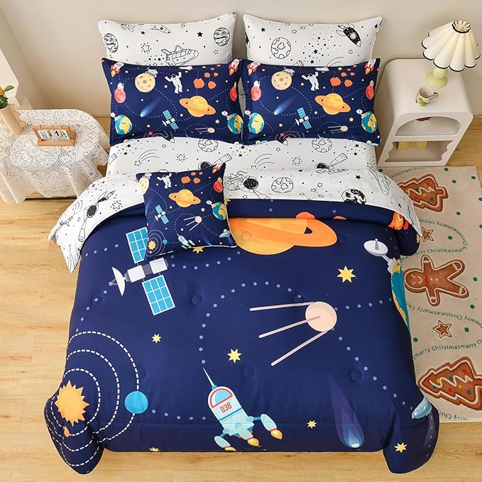 Spaceship Comforter Set Full Size, 8 Piece Bed in a Bag Rocket Space Bedding Sets for Boys Girls Kids - LeafyLoom
