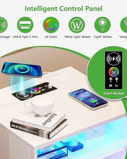 HNEBC RGB LED Nightstand with Wireless Charging Station, Smart Night Stand with Motion Sensor Lights, High Gloss White Nightstand with 3 Drawers for Bedroom, Modern Bedside Tables (A White) - LeafyLoom