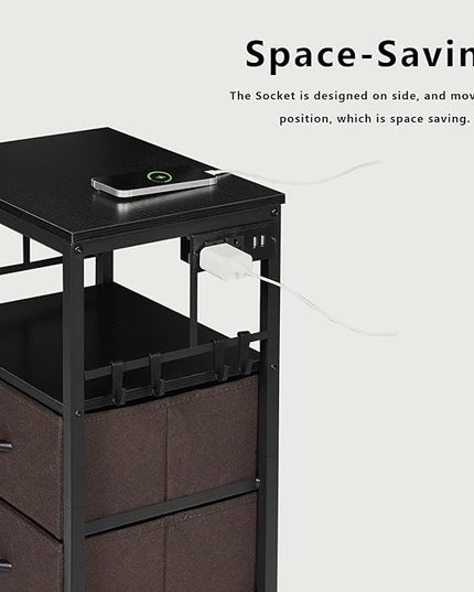 Nightstand with Charging Station, Side Table with Fabric Drawers and Open Shelf, Night Stand for Bedroom Decor, Bedside Table with USB Ports & Outlets (Black,1) - LeafyLoom