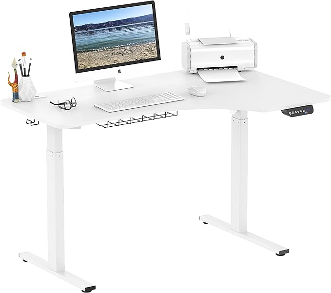 SHW 55-Inch L-Shaped Electric Height Adjustable L-Shaped Standing Desk with Right Facing Corner, White - LeafyLoom