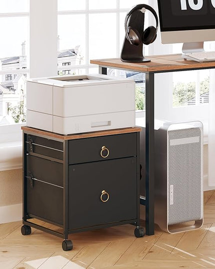 HOOBRO File Cabinet, 2-Drawer Filing Cabinet, Vertical Mobile Office Cabinet, Rolling Printer Stand, for A4/Letter Size Files, Nonwovens Drawer, for Home Office, Rustic Brown and Black BFK21WJ01 - LeafyLoom
