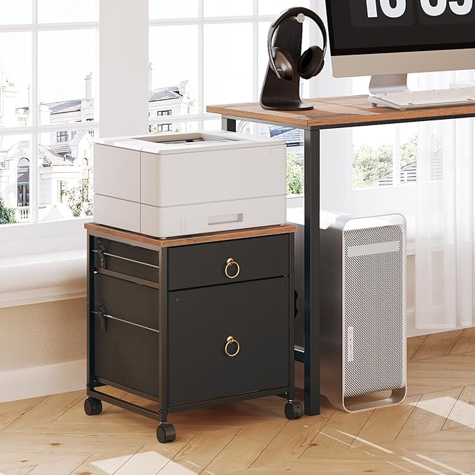 HOOBRO File Cabinet, 2-Drawer Filing Cabinet, Vertical Mobile Office Cabinet, Rolling Printer Stand, for A4/Letter Size Files, Nonwovens Drawer, for Home Office, Rustic Brown and Black BFK21WJ01 - LeafyLoom