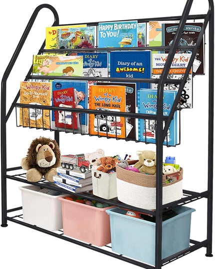 aboxoo Metal Kids Bookshelf Black Large Freestanding for Children Room 32 in Toy Organizer Large Stable Bookcase Bookstore Library Book Unit Storage Kids Bed Living Room - LeafyLoom