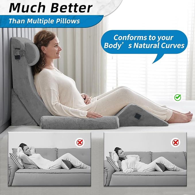 Axelrod 6PCS Orthopedic Bed Wedge Pillow Set, Post Surgery Foam for Back, Neck & Leg Pain Relief Comfortable & Adjustable Ortho Pillows- Anti Snoring, Heartburn, Acid Reflux & GERD Sleeping Light Grey - LeafyLoom