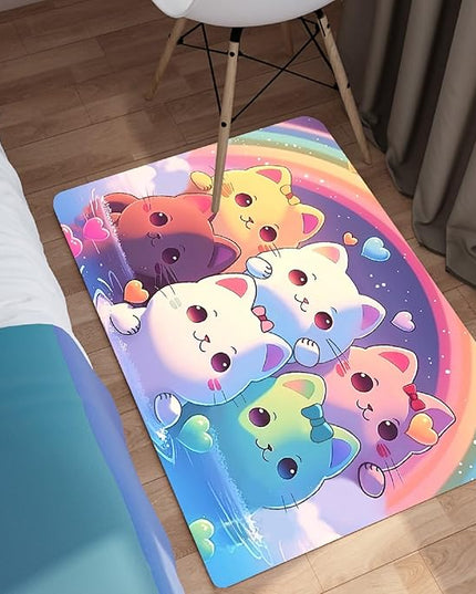 Rainbow Cat Rug for Girls - Colorful Cat Rug for Kids Bedroom Cute Cartoon Cat Pattern Rug Lovely Cat Rugs Room Decor Anime Cat Area Rug, 2x3 Feet - LeafyLoom