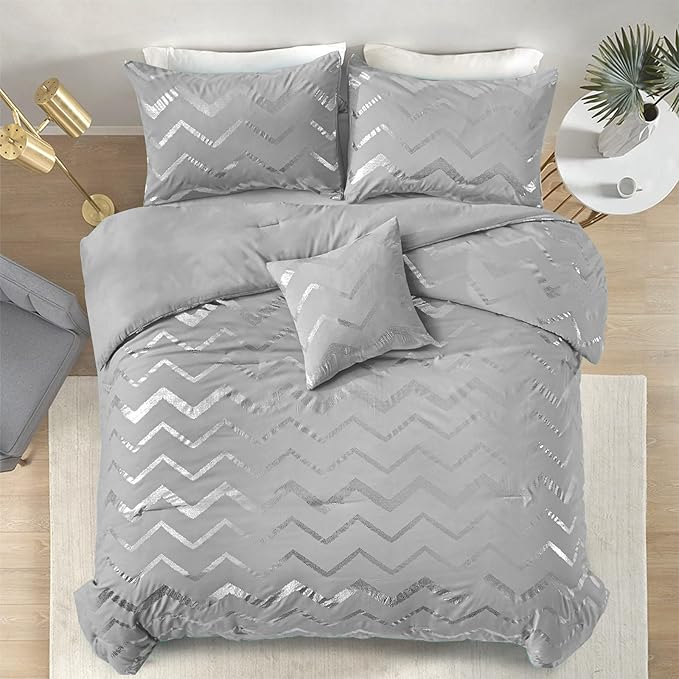 Grey and Silver Comforter Set Twin Size Metallic Print Geometric Bedding Set Lightweight Microfiber Comforter for Teen Girls Boys Women (1 Pillow Sham + 1 Decorative Pillow Sham) - LeafyLoom