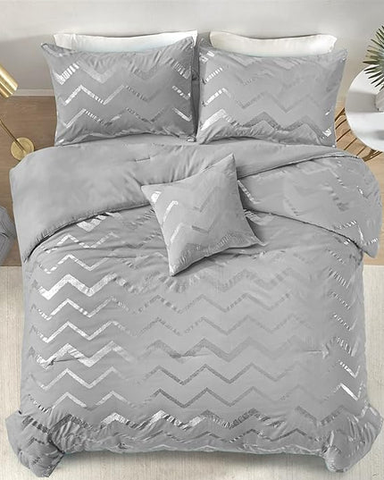 Grey and Silver Comforter Set Queen Metallic Print Geometric Bedding Set, 4 Pieces Lightweight Microfiber Bed Set for Teen Kids Boys (2 Pillow Shams + 1 Decorative Pillow Sham) - LeafyLoom