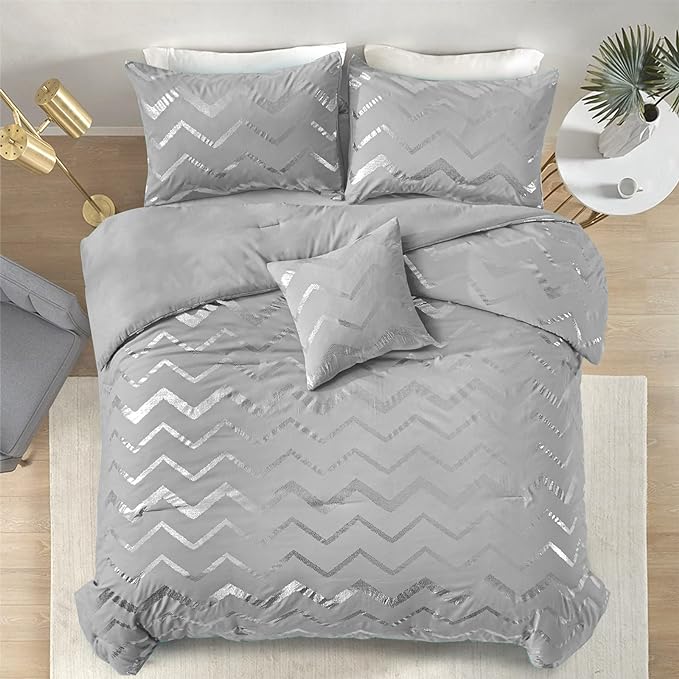 Grey and Silver Comforter Set Queen Metallic Print Geometric Bedding Set, 4 Pieces Lightweight Microfiber Bed Set for Teen Kids Boys (2 Pillow Shams + 1 Decorative Pillow Sham) - LeafyLoom