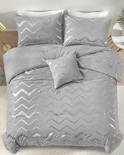 Grey and Silver Comforter Set King Size, Metallic Print Geometric Bedding Set, 4 Piece Lightweight Microfiber Comforter for Teen Girls Boys Women (2 Pillow Shams + 1 Decorative Pillow Sham) - LeafyLoom