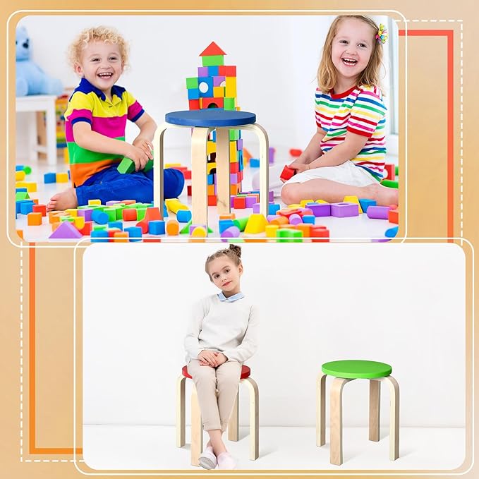 6 Pcs 12 Inch Bentwood Stacking Stool for Kids Colored Durable Round Nesting Stool Flexible Wood Stackable Stool Chairs for Playroom Daycare Home Classroom (Classic Color) - LeafyLoom