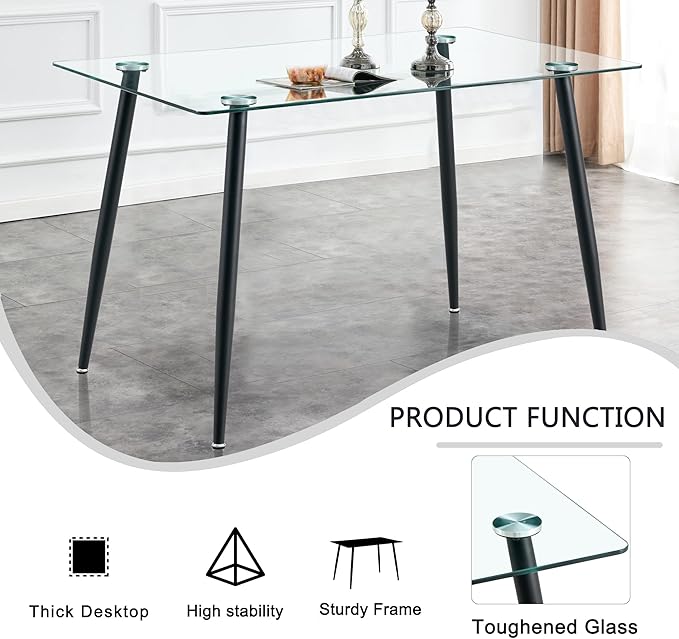 NicBex 51.2Inch Rectangular Dining Table,Minimalist Kitchen Table with Tempered Glass Tabletop and Black Metal Legs for 4 to 6,Dining Room Table for Kitchen,Meeting Room and Living Room,Transparent - LeafyLoom