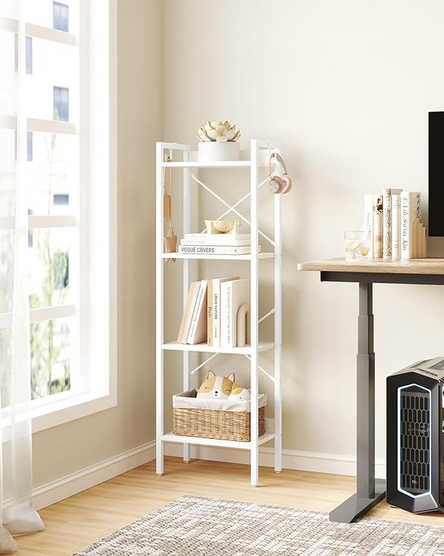 Bookshelf, Book Shelf, Industrial Bookcase with 2 Hooks, Coner Shelf Storage Organizer for Home Office, Living Room, Bedroom, Kitchen, 4-Tier White BC10413W - LeafyLoom