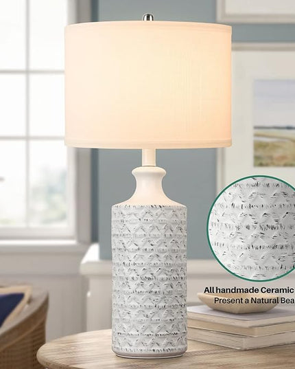 Brightever Farmhouse Ceramic Table Lamp, Modern Tall Desk Lamp for Bedroom with White Fabric Shade, Rotary Bedside Nightstand Lamp for Living Room, Office, Study, Bulb not Included - LeafyLoom