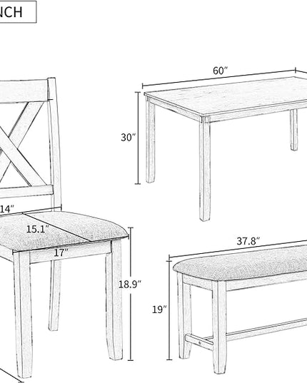 Farmhouse 6-Piece Wood Rectangular Dining Table Set with Bench and 4 Upholstered Chairs for Kitchen, Breakfast Nook, Living Room, Natural Cherry, 60" L x 36" W x 30" H - LeafyLoom
