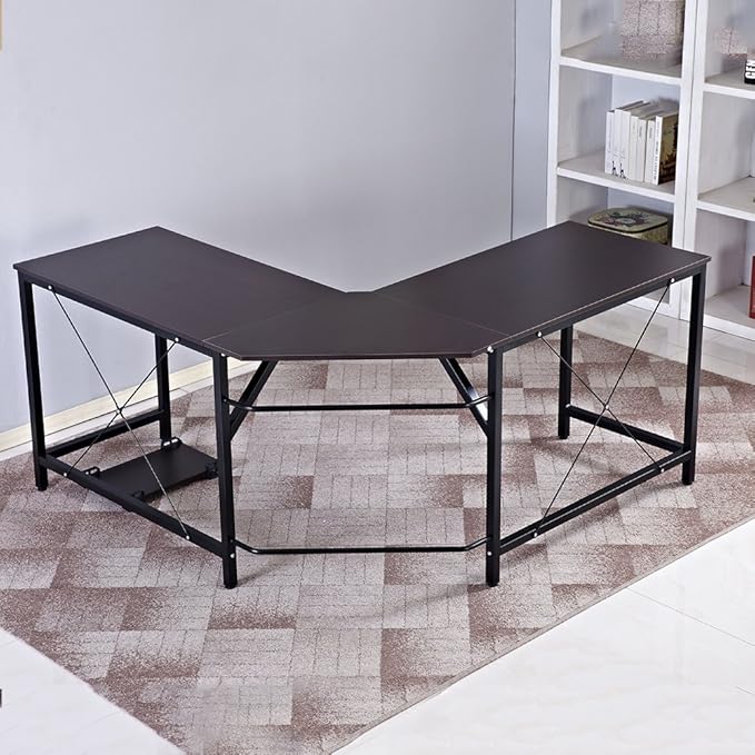 DlandHome L-Shaped Computer Desk 59 inches x 59 inches, Composite Wood and Metal, Home Office PC Laptop Study Workstation Corner Table with CPU Stand, Brown Black and Black Legs, ZJ02-BB - LeafyLoom