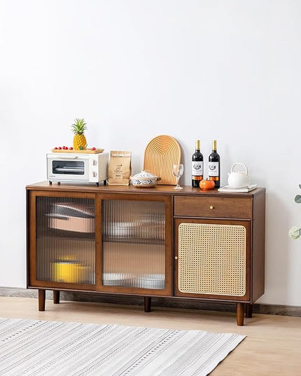 Tiita Bamboo Sideboard Buffet Cabinet, Rattan Kitchen Storage Cabinet with Drawer, Boho Coffee Bar Tables for Kitchen Living Room Hallway Office, Walnut - LeafyLoom