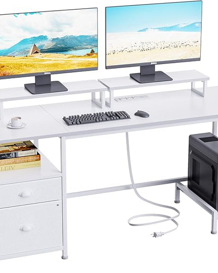Furologee White Computer Desk with Drawer and Power Outlets, 55" Large Gaming Desk with Fabric File Cabinet and 2 Movable Monitor Shelves, Writing Table with CPU Stand and 2 Hooks for Home Office - LeafyLoom