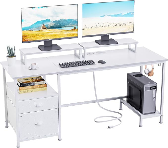 Furologee White Computer Desk with Drawer and Power Outlets, 55" Large Gaming Desk with Fabric File Cabinet and 2 Movable Monitor Shelves, Writing Table with CPU Stand and 2 Hooks for Home Office - LeafyLoom
