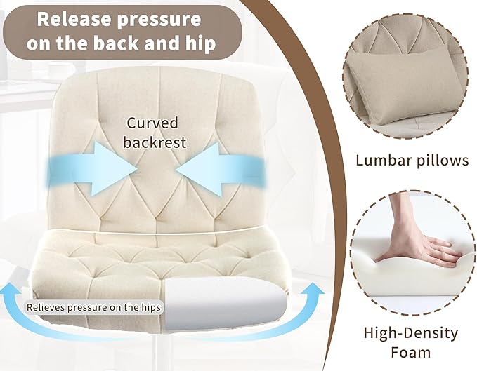 Criss Cross Chair with Wheels, Comfy Fabric Cross Legged Office Chair for Adult, Armless Wide Seat Desk Chair with Lumbar Pillow,Swivel Vanity Chair for Home Office, Conference (Beige) - LeafyLoom