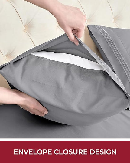 Mellanni RV Short Queen Sheets - 4 PC Iconic Collection Bedding Sheets & Pillowcases - Hotel Luxury, Extra Soft, Cooling Bed Sheets - Deep Pocket up to 10 inch (RV/Short Queen, Gray) - LeafyLoom