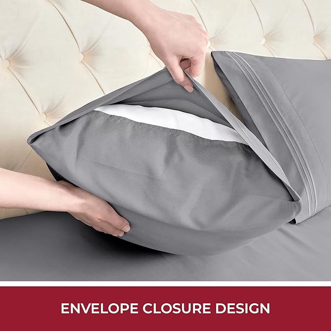 Mellanni RV Short Queen Sheets - 4 PC Iconic Collection Bedding Sheets & Pillowcases - Hotel Luxury, Extra Soft, Cooling Bed Sheets - Deep Pocket up to 10 inch (RV/Short Queen, Gray) - LeafyLoom