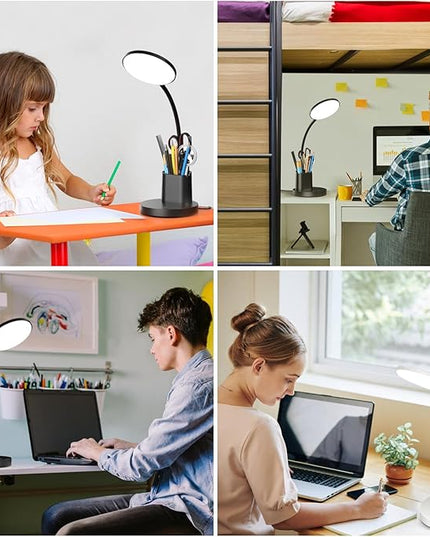comzler Small Desk Lamp, LED Desk Lamps with Pen Phone Holder, Black Desk Light for Home Office,8W 3 Modes Dimmable LED Desk Light for Kids, Desktop Study Lamps for Bedrooms - LeafyLoom