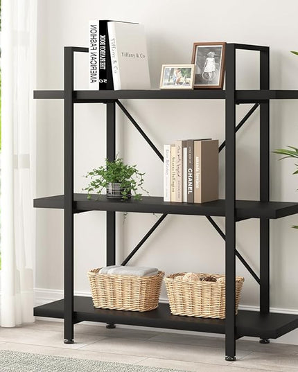 HSH 3 Tier Black Bookshelf, Industrial Small Metal Wooden Storage Book Shelves, Modern Open Low 3 Shelf Bookcase and Display Etagere, Vertical Book Shelf for Bedroom Living Room Office, Black Oak - LeafyLoom