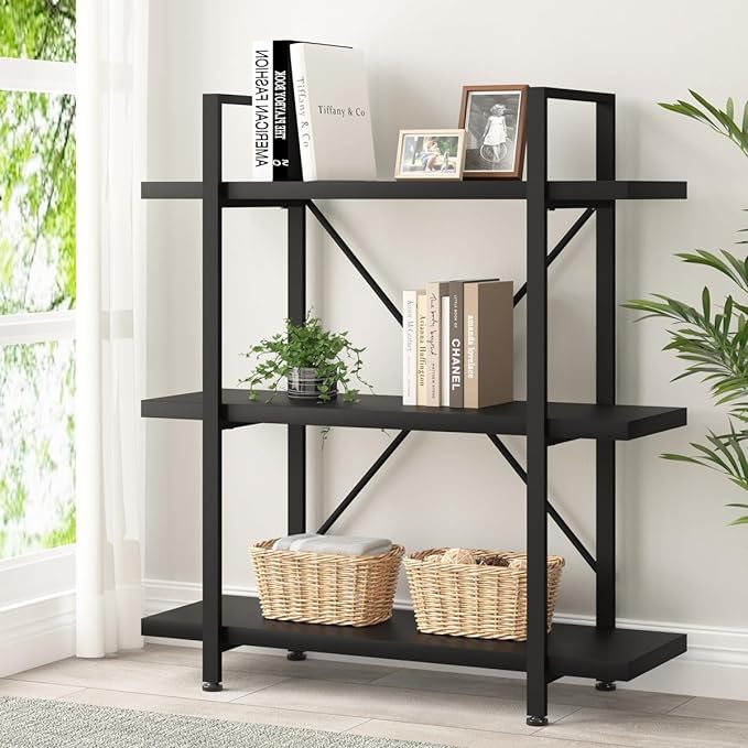HSH 3 Tier Black Bookshelf, Industrial Small Metal Wooden Storage Book Shelves, Modern Open Low 3 Shelf Bookcase and Display Etagere, Vertical Book Shelf for Bedroom Living Room Office, Black Oak - LeafyLoom
