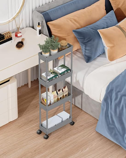 Sooyee 4 Tier Slim Storage Cart,Rolling Storage Cart,Narrow Shelf,Bathroom Rack,Mobile Shelving Unit Organizer for Kitchen, Bathroom, Laundry Room, Grey - LeafyLoom