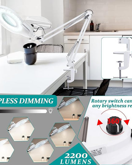 10X Magnifying Glass with Light, NUEYiO 2200 Lumen Stepless Dimmable Mangifier with Light, 4" Real Glass Lens, Adjustable Swing Arm Lighted Magnifying Glass for Esthetician, Crafts, Close Work-White - LeafyLoom