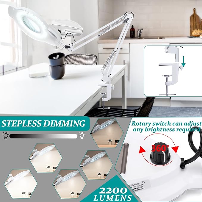 10X Magnifying Glass with Light, NUEYiO 2200 Lumen Stepless Dimmable Mangifier with Light, 4" Real Glass Lens, Adjustable Swing Arm Lighted Magnifying Glass for Esthetician, Crafts, Close Work-White - LeafyLoom