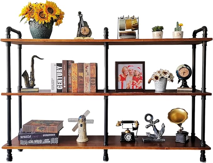 3 Tier Long Industrial Bookshelf, 3 Realwood Industrial Pipe Bookshelf for Living Room, Entry, Office (Rustic Brown, 60" L x 11.8" W x 39" H) - LeafyLoom