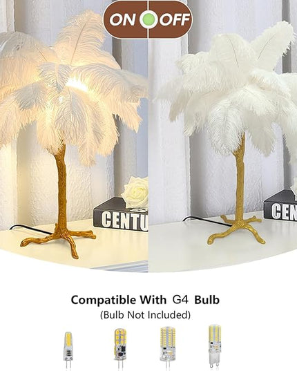 White Bedside Lamp Ostrich Feather Desk Lamp Gold Resin Ostrich Feather Table Lamp, Girls Gift Romantic Wedding Decoration Palm Tree Lamps G4*3 - LeafyLoom