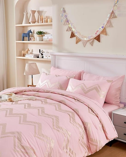 Wowelife Girl Bedding Sets Pink Comforter for Queen Size Bed 7 Pieces Gold Glitter Foil Queen Bedding Set Teen Girl Bedding Pink Full Kids Bedroom Beding Sets with 2 Pillow Shams and 2 Pillowcase - LeafyLoom