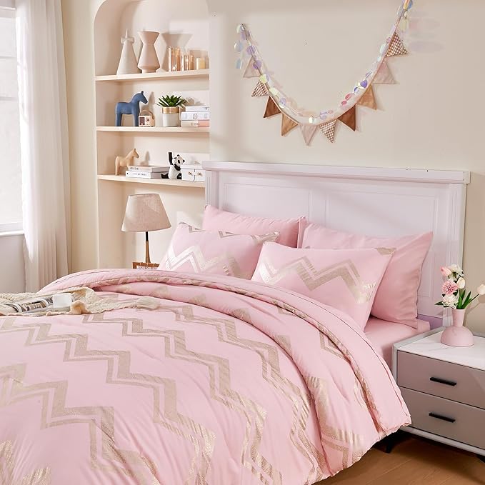 Wowelife 6 Pieces Pink Twin/Twin XL Comforter Set for Girls Kids Twin Bedding Sets Gold Glitter Foil Bed in A Bag with Comforter, Flat Sheet, Fitted Sheet, 2 Pillow Shams and 1 Pillowcase - LeafyLoom
