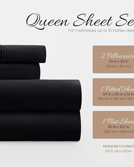 Linen Market Bed Sheets for Queen Size Bed (Black) - Sleep Better Than Ever with These Soft and Cooling Queen Sheets - Deep Pocket Fits 16" Thick Beds - 4 Piece Queen Sheet Set - LeafyLoom
