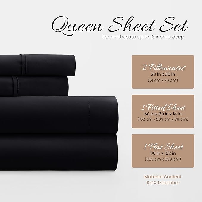 Linen Market Bed Sheets for Queen Size Bed (Black) - Sleep Better Than Ever with These Soft and Cooling Queen Sheets - Deep Pocket Fits 16" Thick Beds - 4 Piece Queen Sheet Set - LeafyLoom