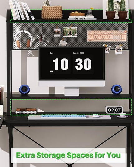 Small L Shaped Gaming Desk with Power Outlets, Corner Gaming Desk with LED Light, Reversible L-Shaped Desk with Monitor Stand & Hutch, L Shaped Desk Home Office Desk with Storage Bag, Black - LeafyLoom