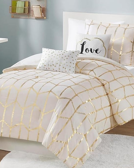 Intelligent Design Raina Twin / Twin XL Comforter Set, Soft Microfiber Comforter Set Twin, Modern Geometric Metallic Bed Set, 4 Pieces College Bedding Comforter Set with 1 Sham, 2 Toss Pillows Ivory - LeafyLoom